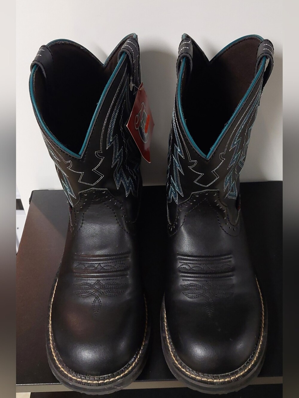 Justin Boots Black Leather Work Cowgirl Boots with Teal Stitching - Picture 3 of 4